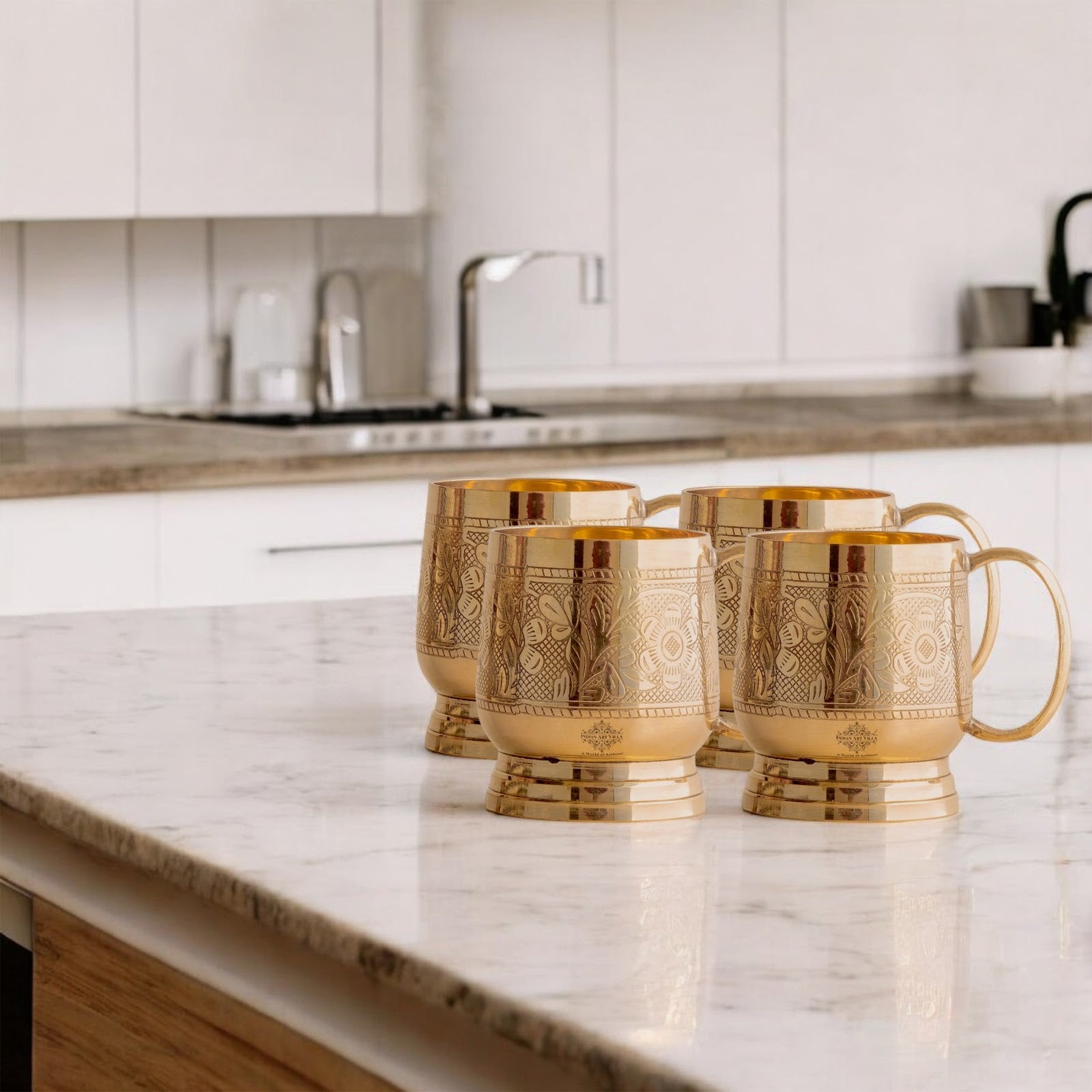 Pure Brass Embossed Design Cup with Handle – 200 ML | Traditional Handcrafted Mug for Serving Water, Milk, or Herbal Drinks