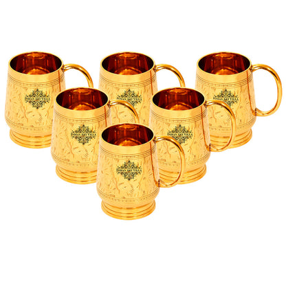 Pure Brass Handmade Designer Mug Cup, 500 ML, Gold
