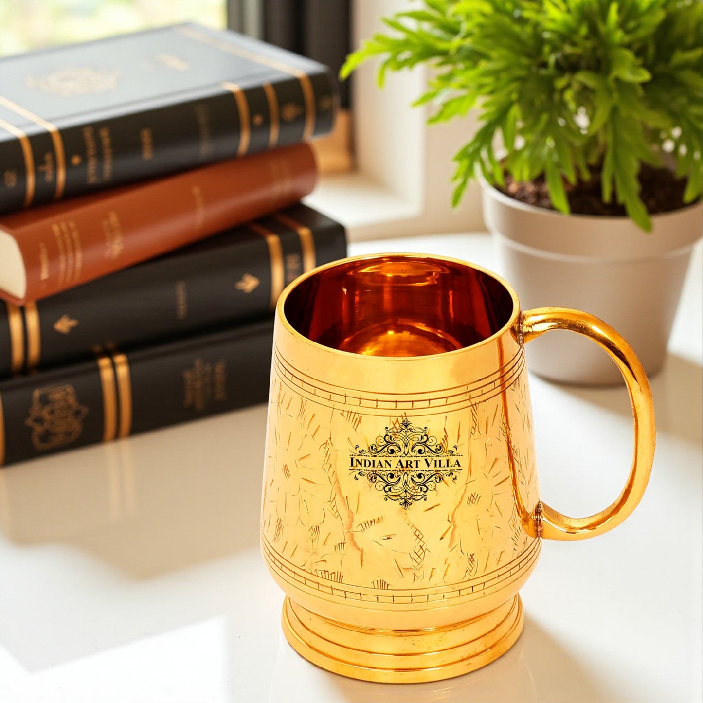 Pure Brass Handmade Designer Mug Cup, 500 ML, Gold