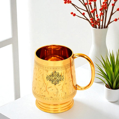 Pure Brass Handmade Designer Mug Cup, 500 ML, Gold