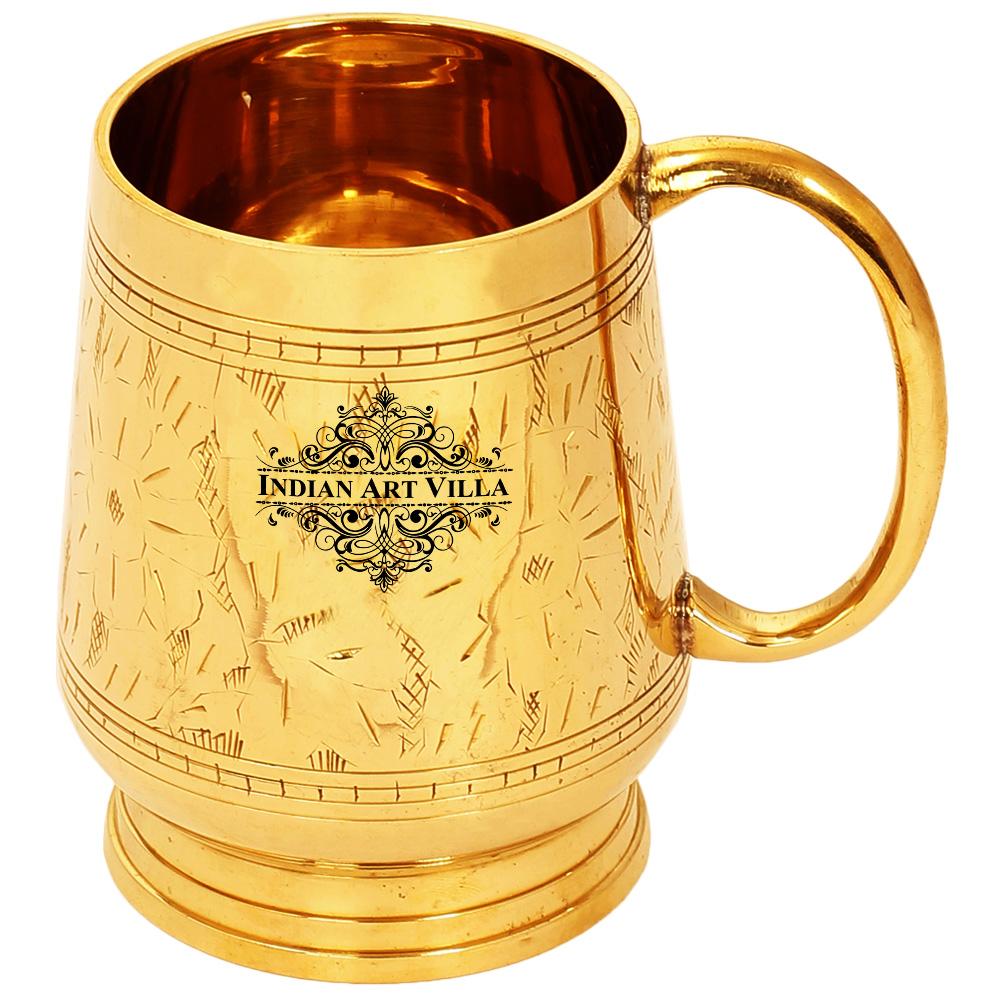 Pure Brass Handmade Designer Mug Cup, 500 ML, Gold
