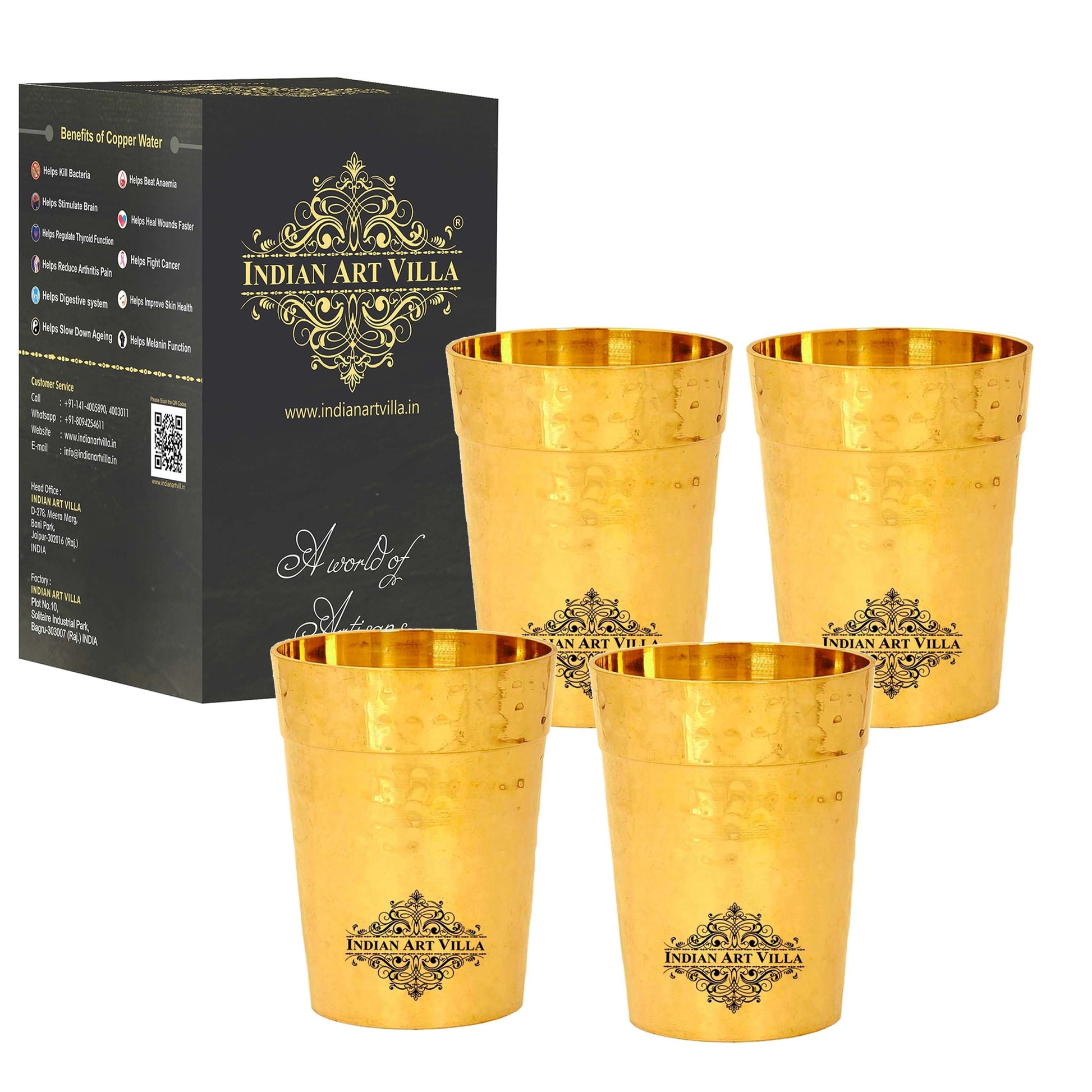 Pure Brass Glass Tumbler Cup, Hammered Design, Drinkware, 160 ML, Gold