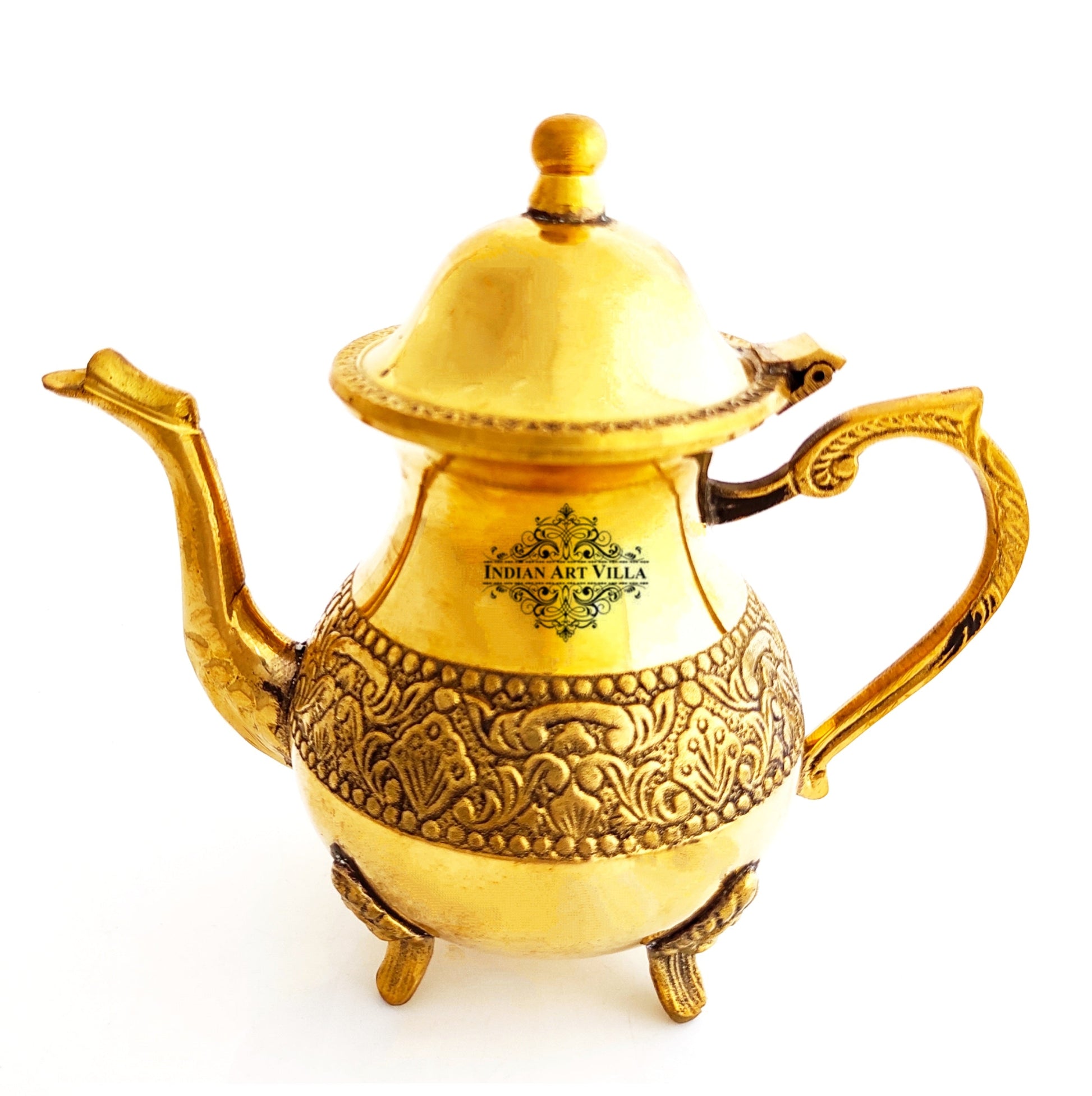 Designer Embossed Mughlai Brass Tea Kettle Pot Inside Tin Lining, Serving Tea Coffee, Tableware, 500 ML, Gold