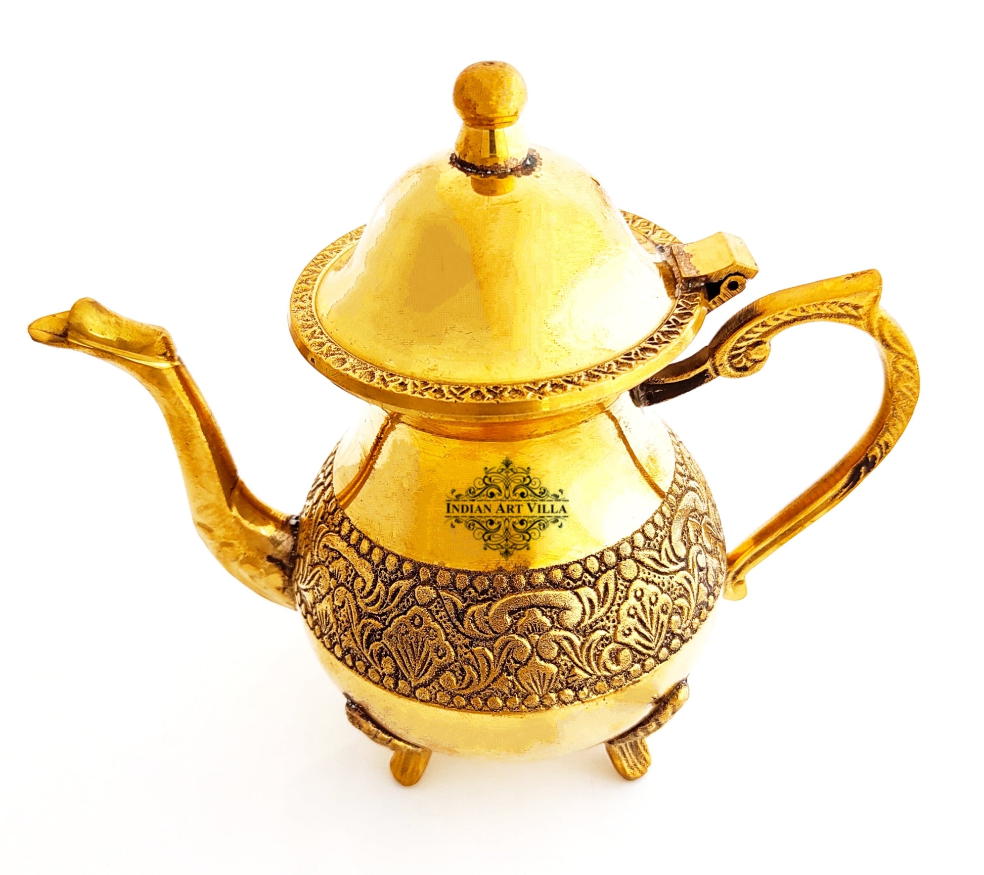 Designer Embossed Mughlai Brass Tea Kettle Pot Inside Tin Lining, Serving Tea Coffee, Tableware, 500 ML, Gold