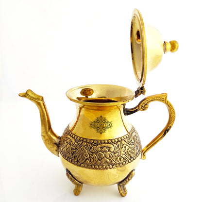 Designer Embossed Mughlai Brass Tea Kettle Pot Inside Tin Lining, Serving Tea Coffee, Tableware, 500 ML, Gold