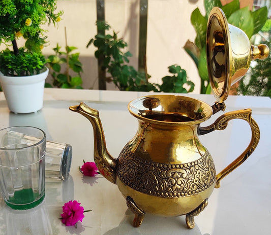 Designer Embossed Mughlai Brass Tea Kettle Pot Inside Tin Lining, Serving Tea Coffee, Tableware, 500 ML, Gold