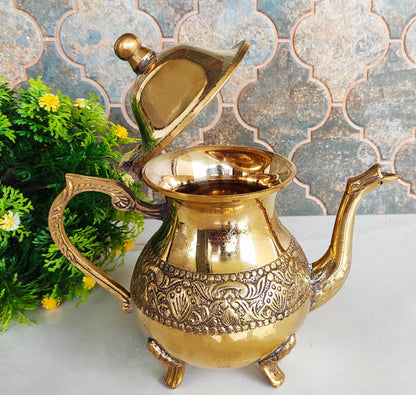 Designer Embossed Mughlai Brass Tea Kettle Pot Inside Tin Lining, Serving Tea Coffee, Tableware, 500 ML, Gold