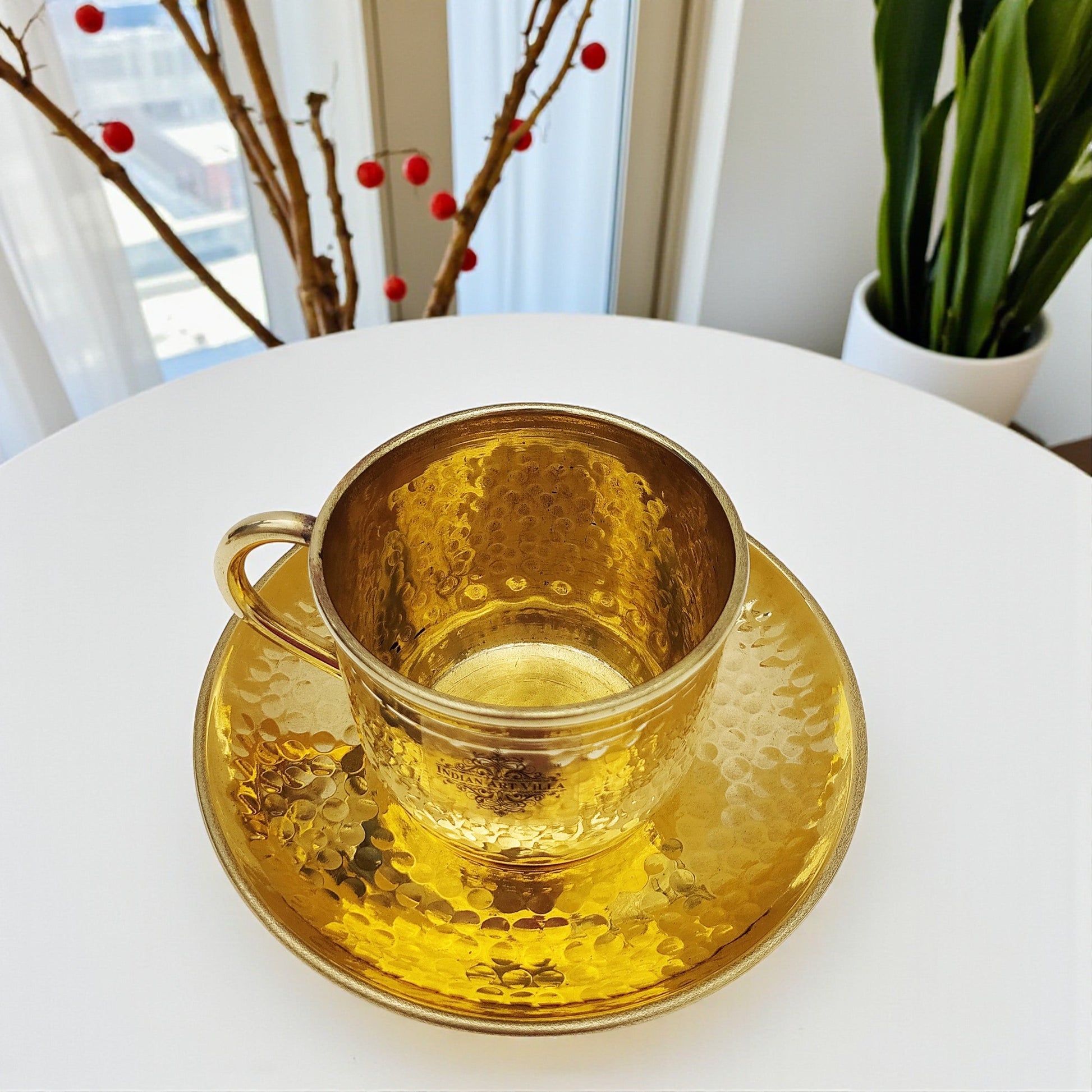 Pure Brass Hammered Cup & Saucer Set, Drinkware, Tableware, 150 ml