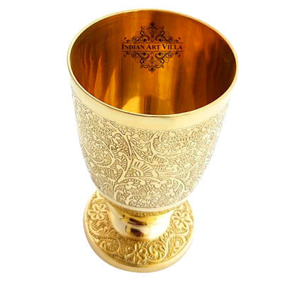Pure Brass Embossed leaves Design Glass with Stand-350 ML