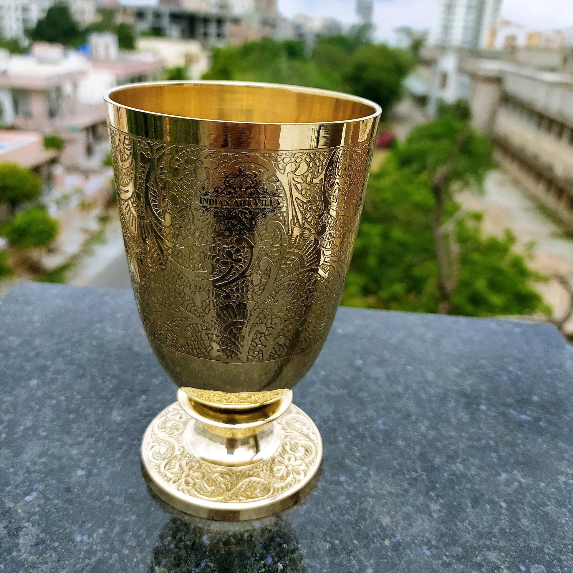 Pure Brass Embossed leaves Design Glass with Stand-350 ML