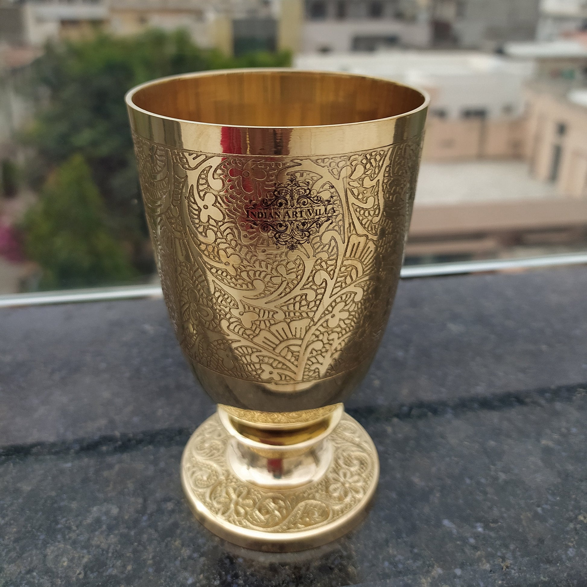 Pure Brass Embossed leaves Design Glass with Stand-350 ML