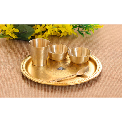 Handmade Pure Brass 5 Pieces Matt Finish Embossed Design Laddu Gopal Dinner Set