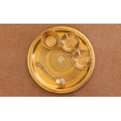 Handmade Pure Brass 5 Pieces Matt Finish Embossed Design Laddu Gopal Dinner Set