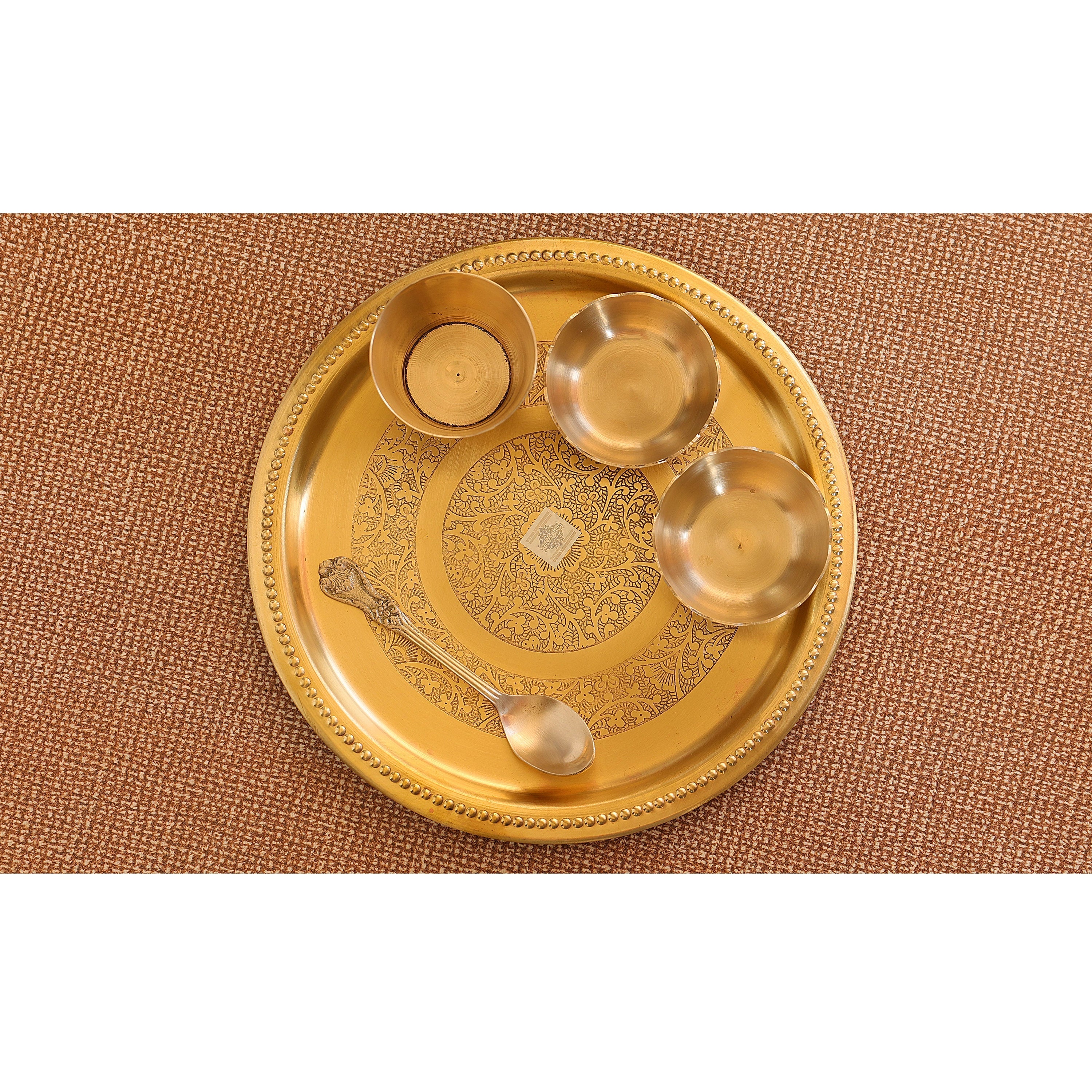 Handmade Pure Brass 5 Pieces Matt Finish Embossed Design Laddu Gopal Dinner Set