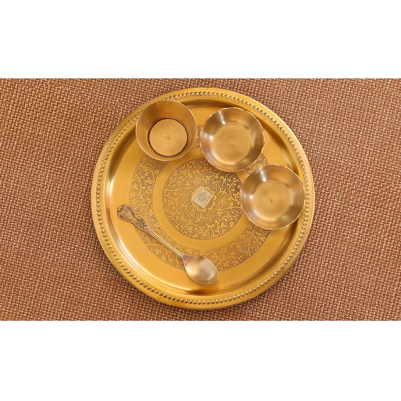 Handmade Pure Brass 5 Pieces Matt Finish Embossed Design Laddu Gopal Dinner Set