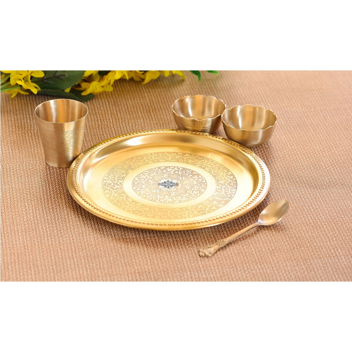 Handmade Pure Brass 5 Pieces Matt Finish Embossed Design Laddu Gopal Dinner Set