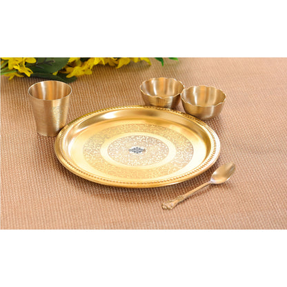 Handmade Pure Brass 5 Pieces Matt Finish Embossed Design Laddu Gopal Dinner Set
