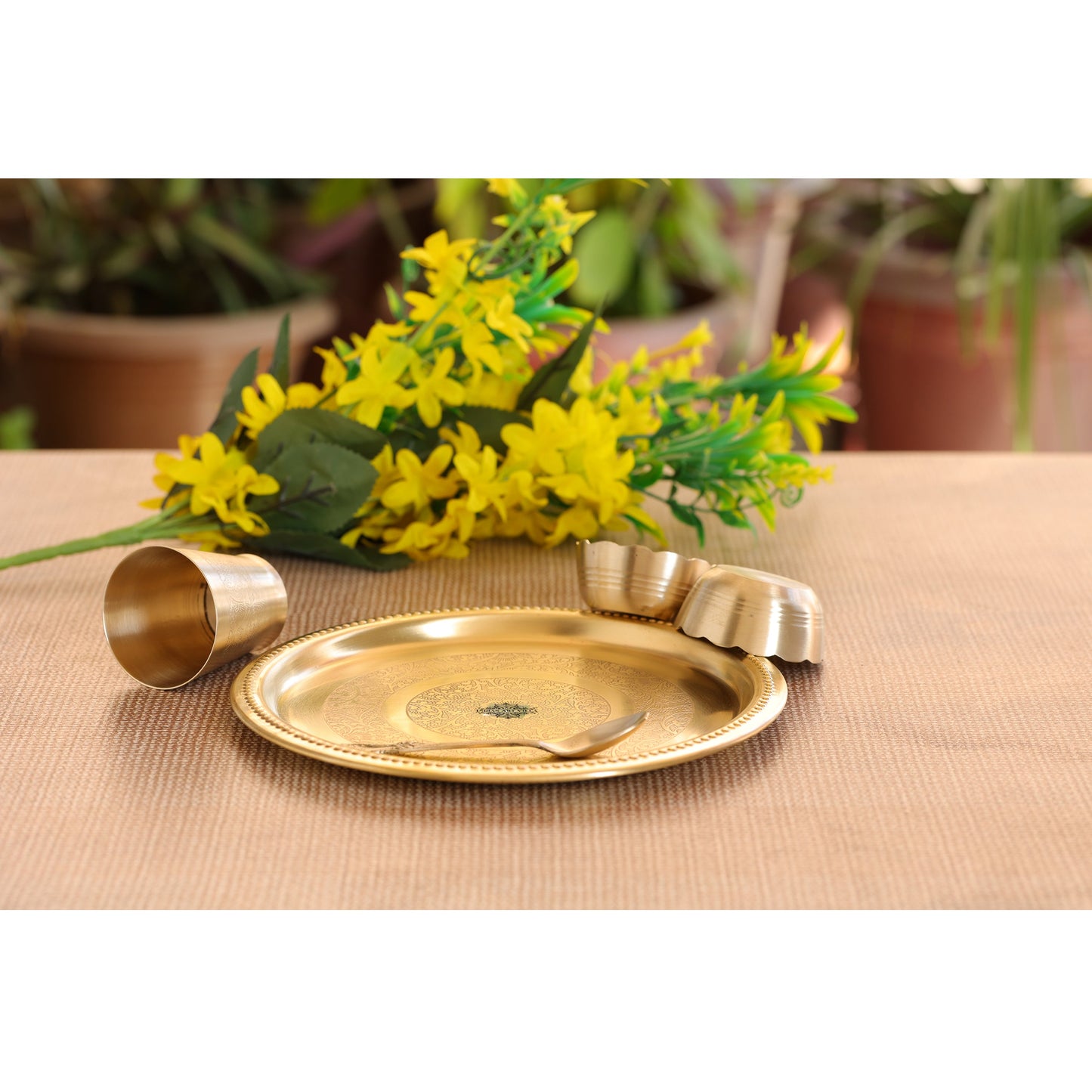 Handmade Pure Brass 5 Pieces Matt Finish Embossed Design Laddu Gopal Dinner Set