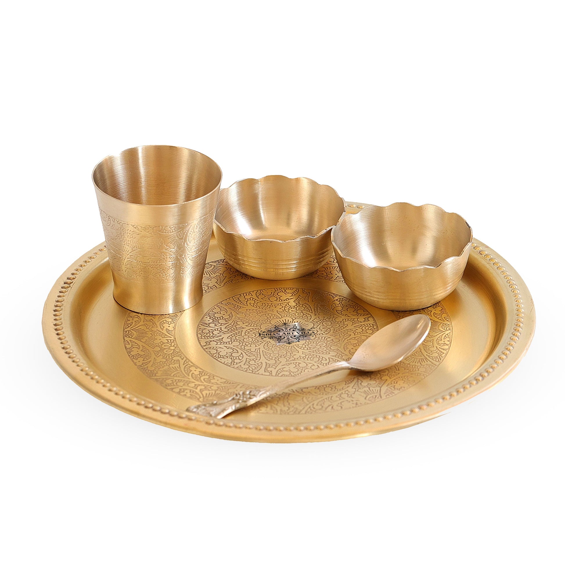 Handmade Pure Brass 5 Pieces Matt Finish Embossed Design Laddu Gopal Dinner Set