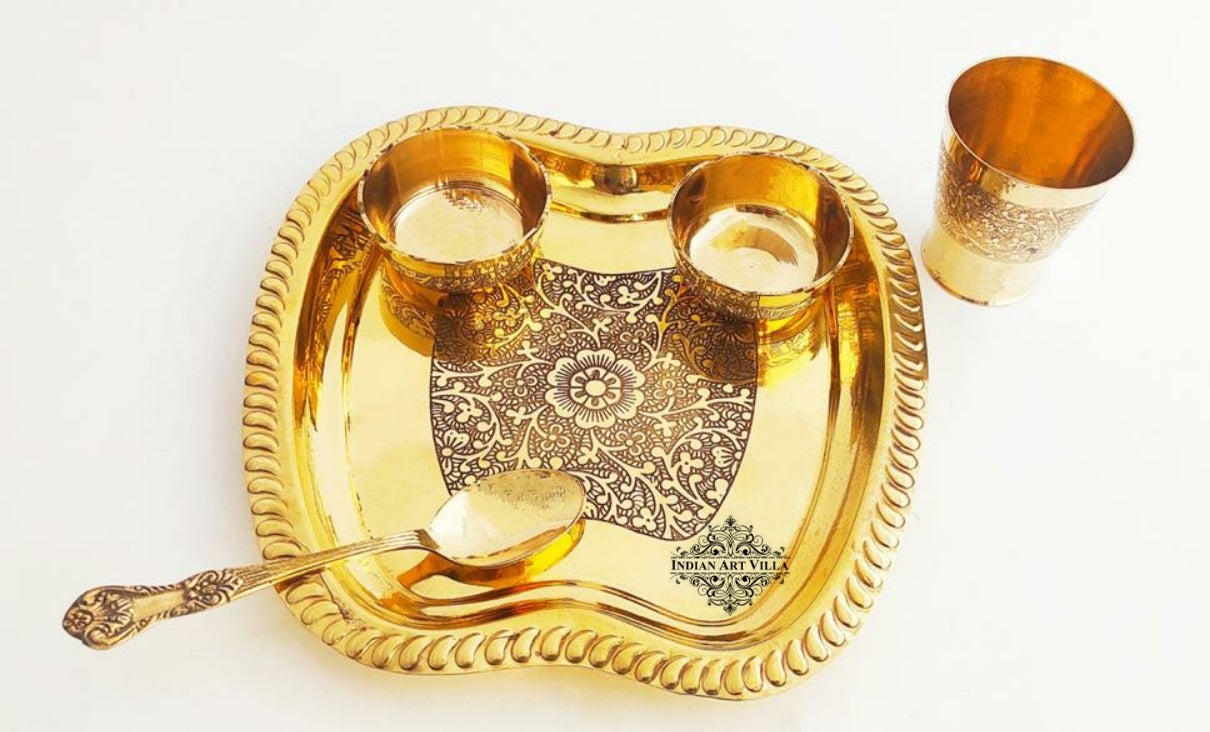 Pure Brass 5 Pieces Embossed Design Laddoo Gopal Dinner Set, 1 Thali / Plate, 2 Katori / Bowl, 1 Glass & 1 Spoon | Pooja, | Home décor & Gift item