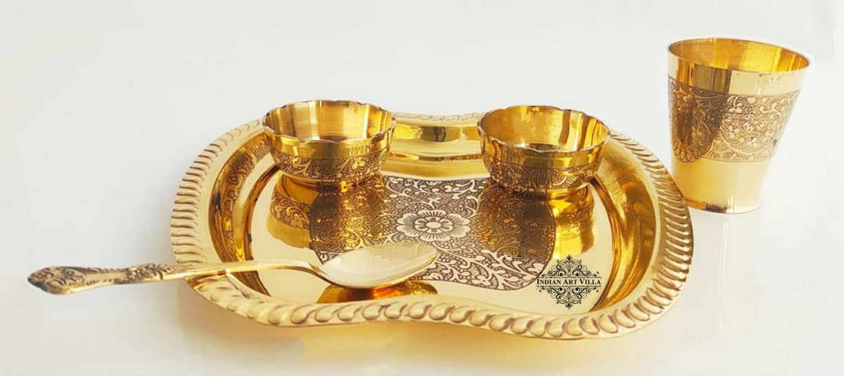 Pure Brass 5 Pieces Embossed Design Laddoo Gopal Dinner Set, 1 Thali / Plate, 2 Katori / Bowl, 1 Glass & 1 Spoon | Pooja, | Home décor & Gift item
