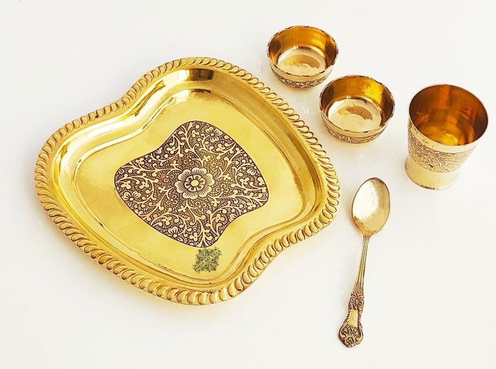 Pure Brass 5 Pieces Embossed Design Laddoo Gopal Dinner Set, 1 Thali / Plate, 2 Katori / Bowl, 1 Glass & 1 Spoon | Pooja, | Home décor & Gift item