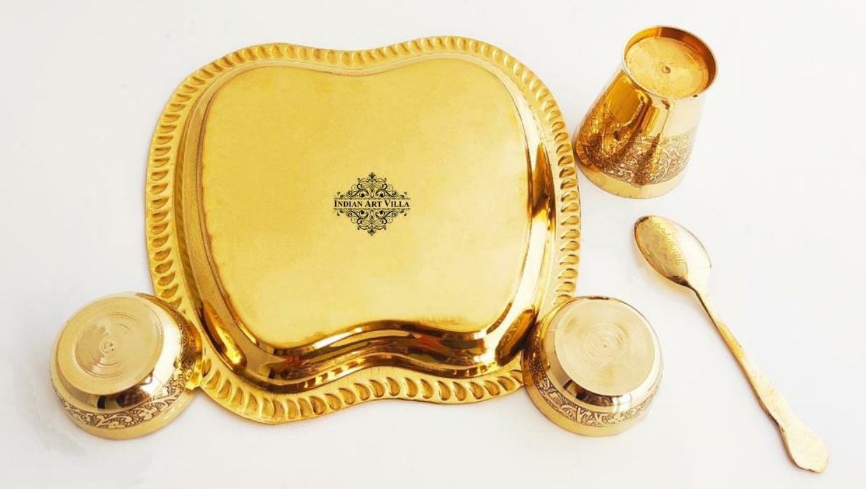 Pure Brass 5 Pieces Embossed Design Laddoo Gopal Dinner Set, 1 Thali / Plate, 2 Katori / Bowl, 1 Glass & 1 Spoon | Pooja, | Home décor & Gift item