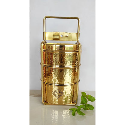 Pure Brass With Inside Tin Lining 2 &  3 Containers Lunch/Tiffin Box With Hammered Design, For Office, School & Travelling