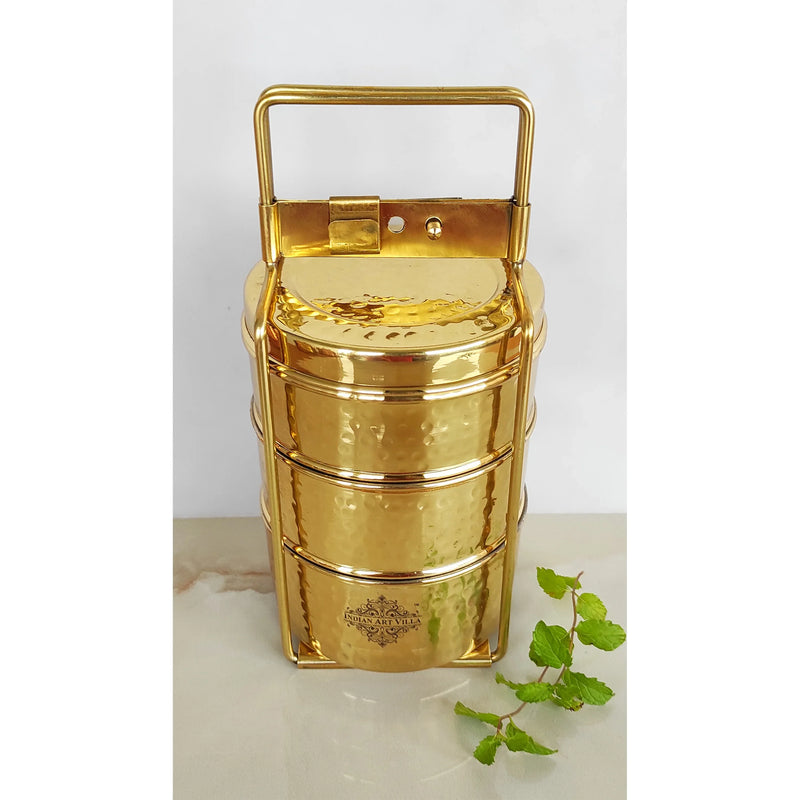 Pure Brass With Inside Tin Lining 2 &  3 Containers Lunch/Tiffin Box With Hammered Design, For Office, School & Travelling