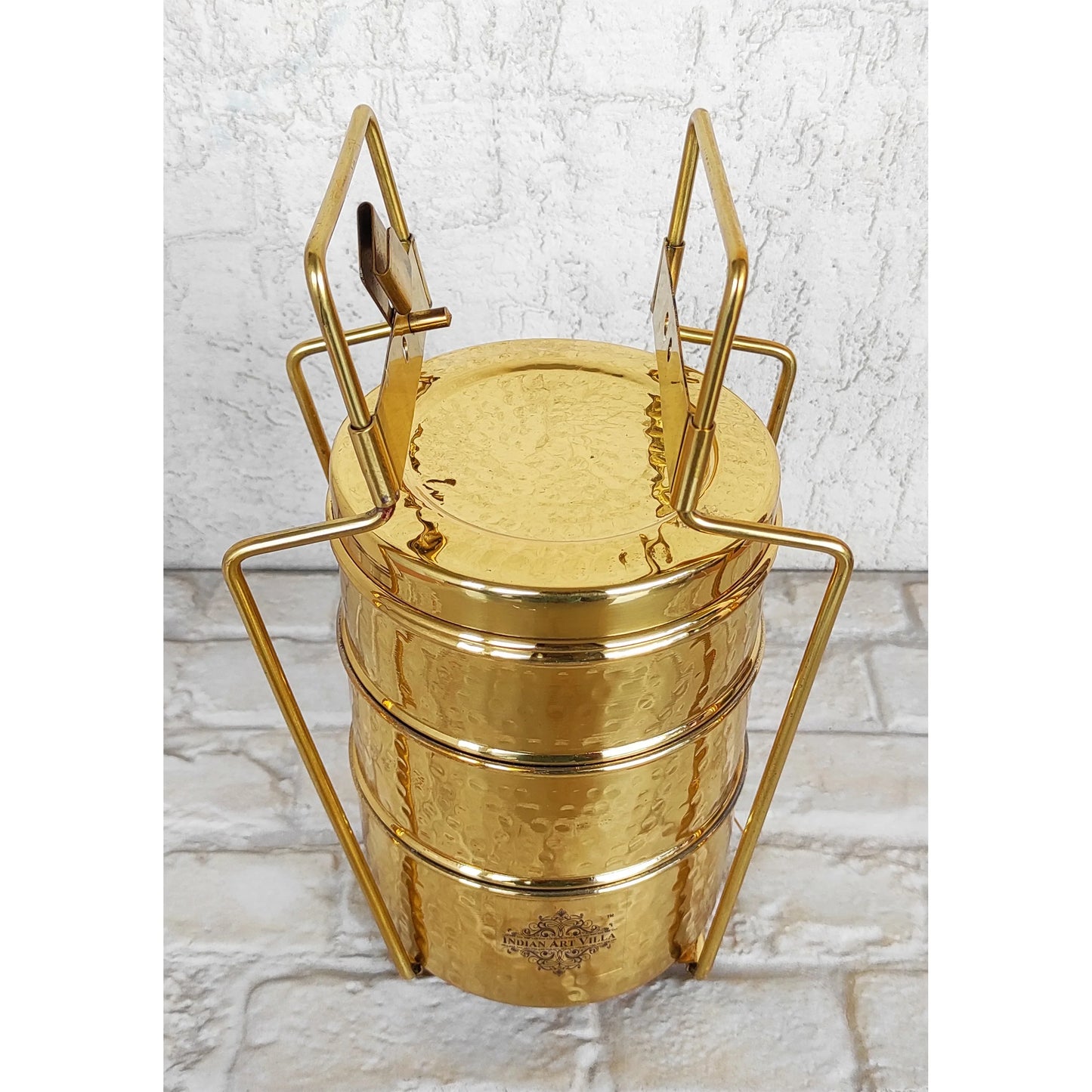 Pure Brass With Inside Tin Lining 2 &  3 Containers Lunch/Tiffin Box With Hammered Design, For Office, School & Travelling