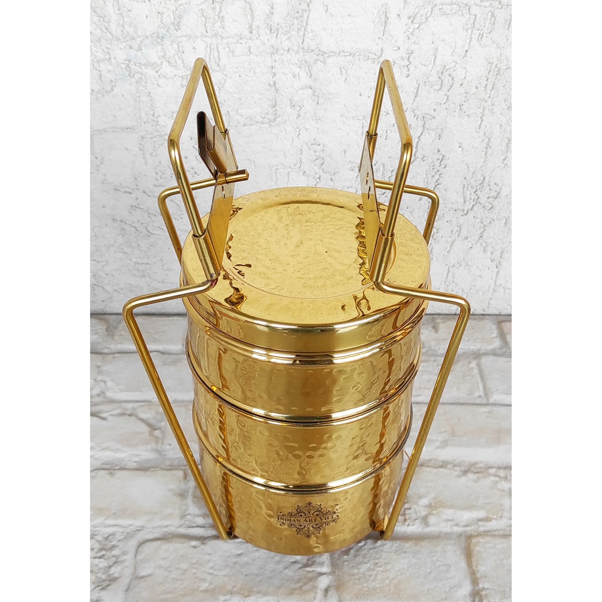 Pure Brass With Inside Tin Lining 2 &  3 Containers Lunch/Tiffin Box With Hammered Design, For Office, School & Travelling