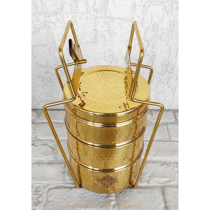 Pure Brass With Inside Tin Lining 2 &  3 Containers Lunch/Tiffin Box With Hammered Design, For Office, School & Travelling