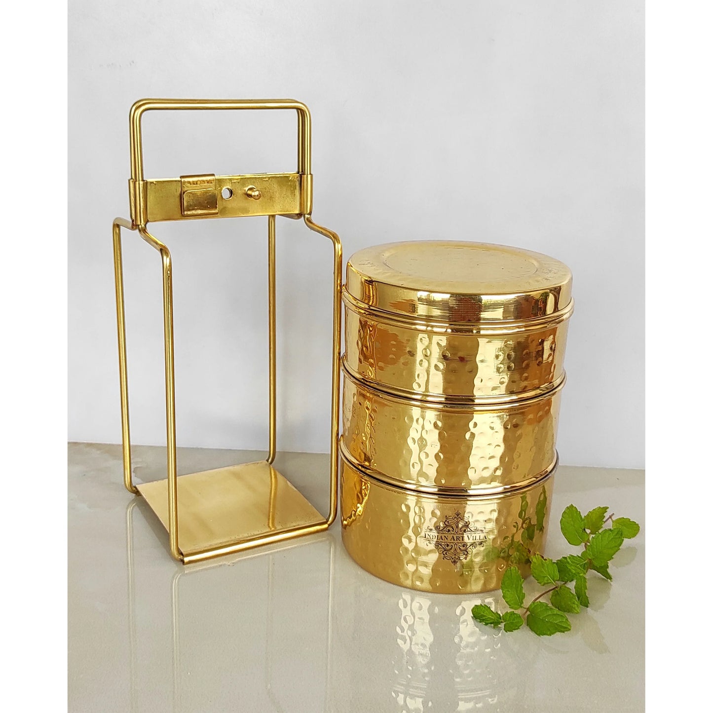 Pure Brass With Inside Tin Lining 2 &  3 Containers Lunch/Tiffin Box With Hammered Design, For Office, School & Travelling