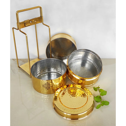 Pure Brass With Inside Tin Lining 2 &  3 Containers Lunch/Tiffin Box With Hammered Design, For Office, School & Travelling