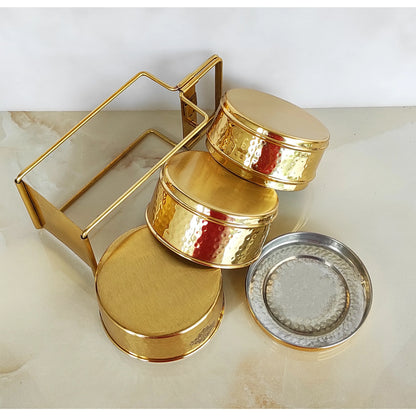 Pure Brass With Inside Tin Lining 2 &  3 Containers Lunch/Tiffin Box With Hammered Design, For Office, School & Travelling