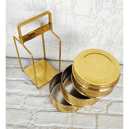 Pure Brass With Inside Tin Lining 2 &  3 Containers Lunch/Tiffin Box With Hammered Design, For Office, School & Travelling