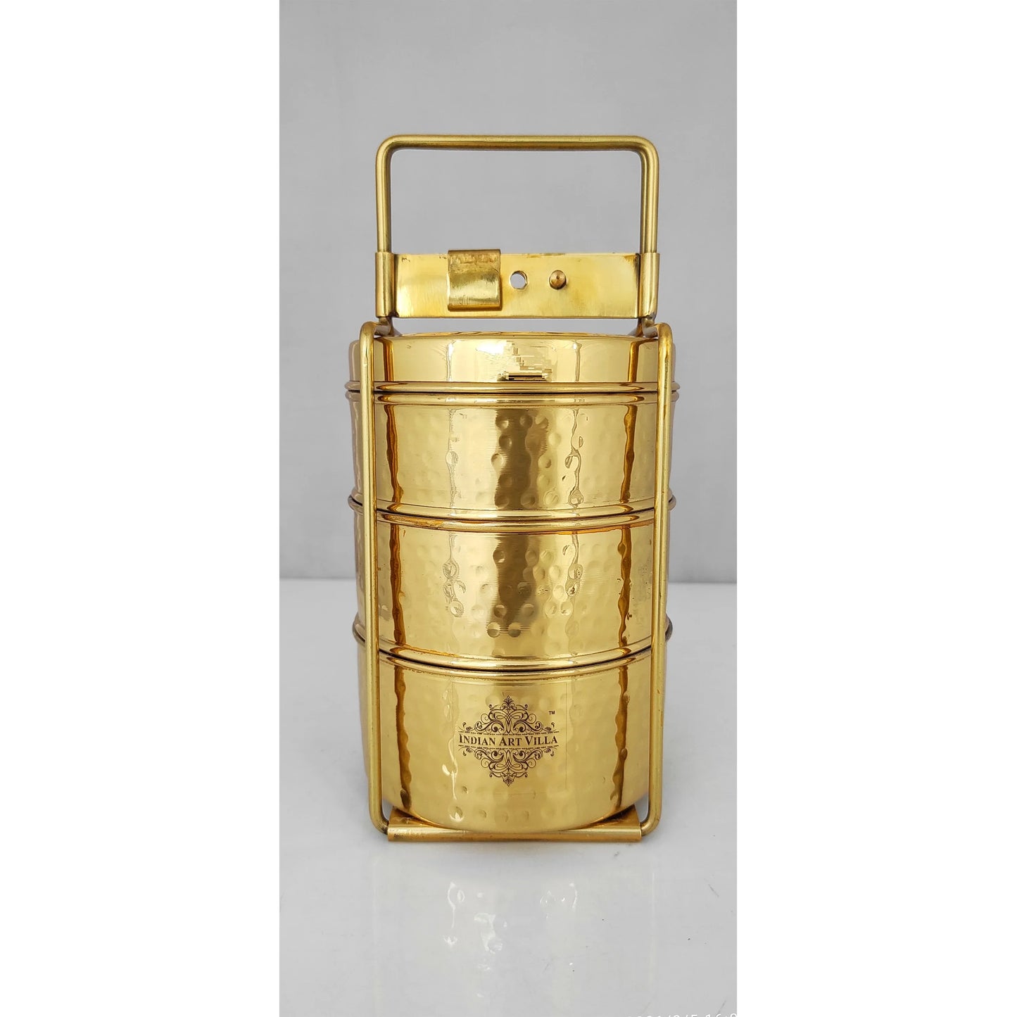 Pure Brass With Inside Tin Lining 2 &  3 Containers Lunch/Tiffin Box With Hammered Design, For Office, School & Travelling