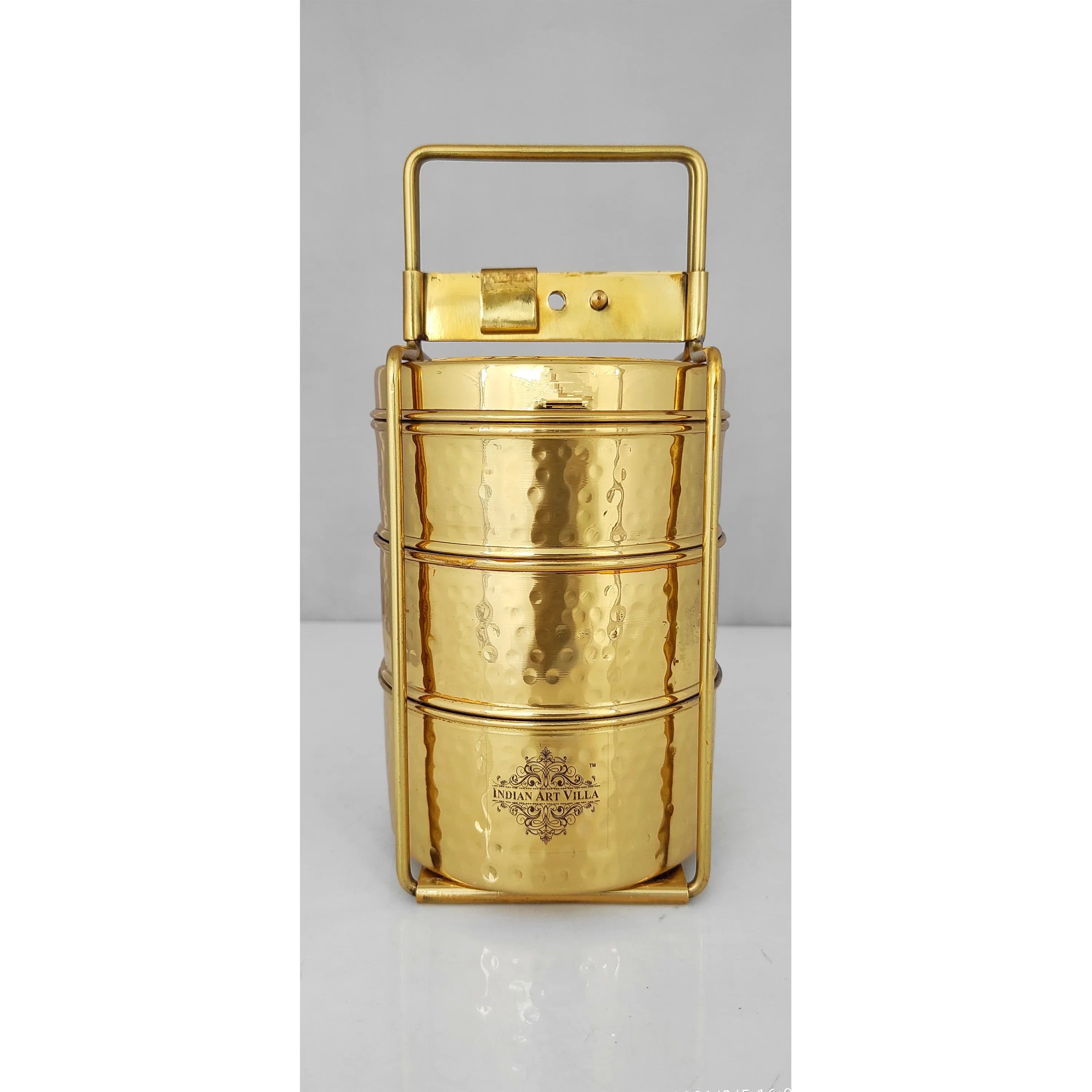 Pure Brass With Inside Tin Lining 2 &  3 Containers Lunch/Tiffin Box With Hammered Design, For Office, School & Travelling