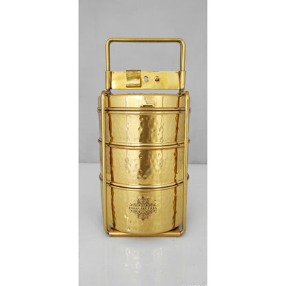 Pure Brass With Inside Tin Lining 2 &  3 Containers Lunch/Tiffin Box With Hammered Design, For Office, School & Travelling