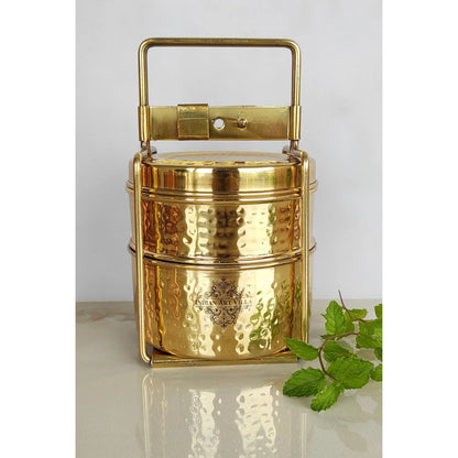 Pure Brass With Inside Tin Lining 2 &  3 Containers Lunch/Tiffin Box With Hammered Design, For Office, School & Travelling
