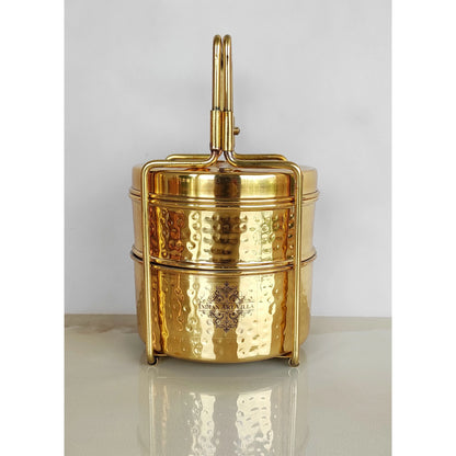 Pure Brass With Inside Tin Lining 2 &  3 Containers Lunch/Tiffin Box With Hammered Design, For Office, School & Travelling