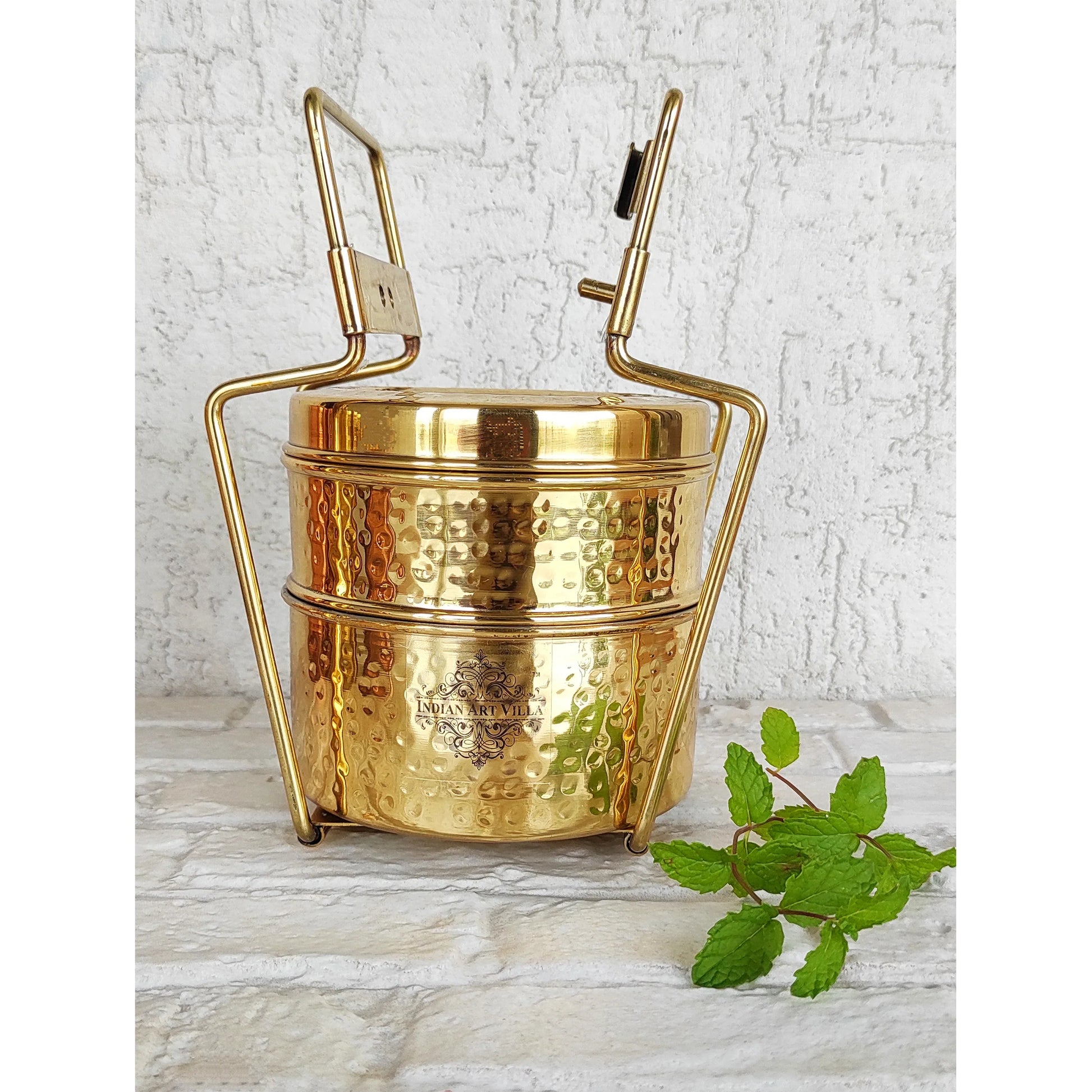 Pure Brass With Inside Tin Lining 2 &  3 Containers Lunch/Tiffin Box With Hammered Design, For Office, School & Travelling