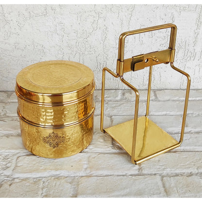 Pure Brass With Inside Tin Lining 2 &  3 Containers Lunch/Tiffin Box With Hammered Design, For Office, School & Travelling