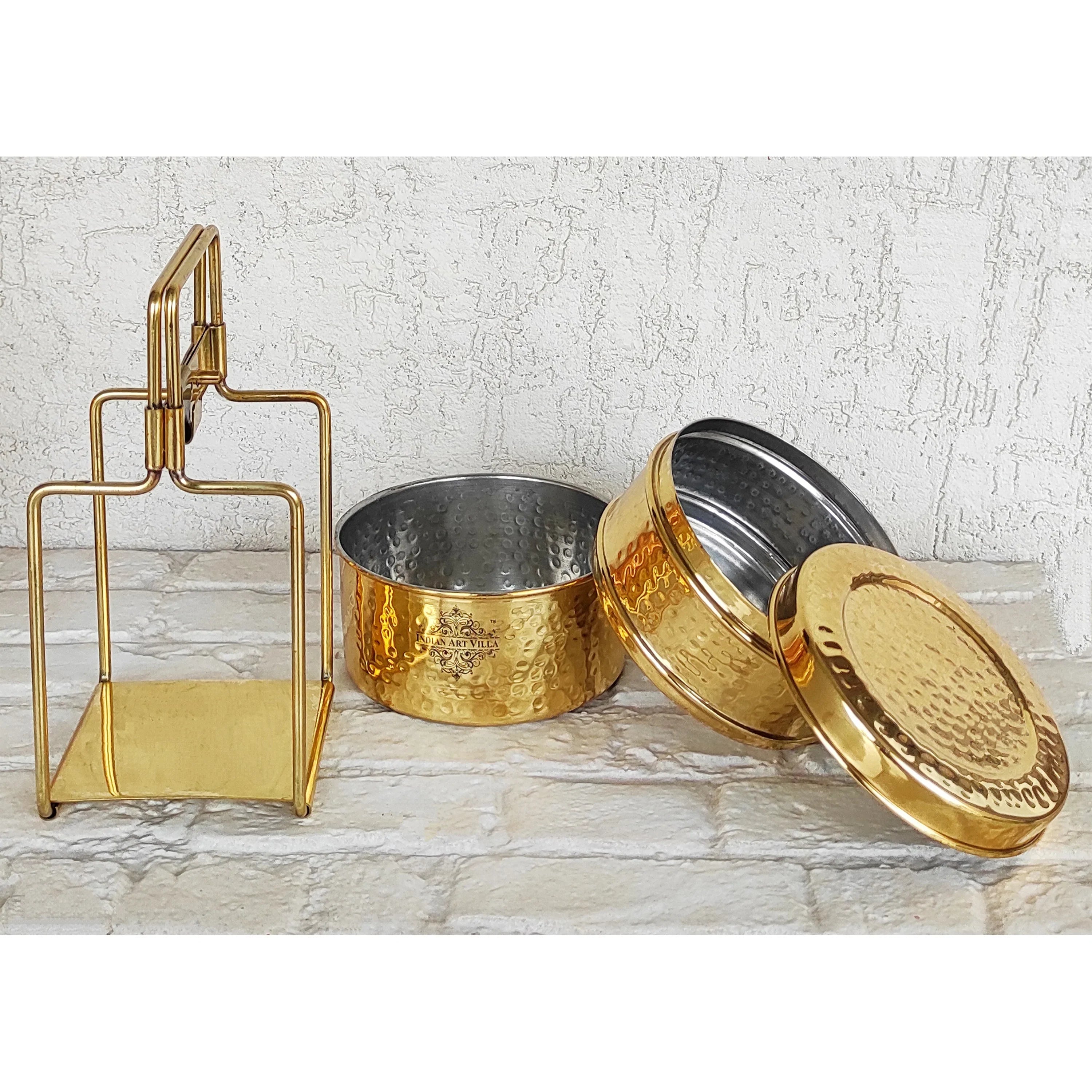 Pure Brass With Inside Tin Lining 2 &  3 Containers Lunch/Tiffin Box With Hammered Design, For Office, School & Travelling