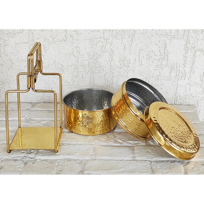 Pure Brass With Inside Tin Lining 2 &  3 Containers Lunch/Tiffin Box With Hammered Design, For Office, School & Travelling