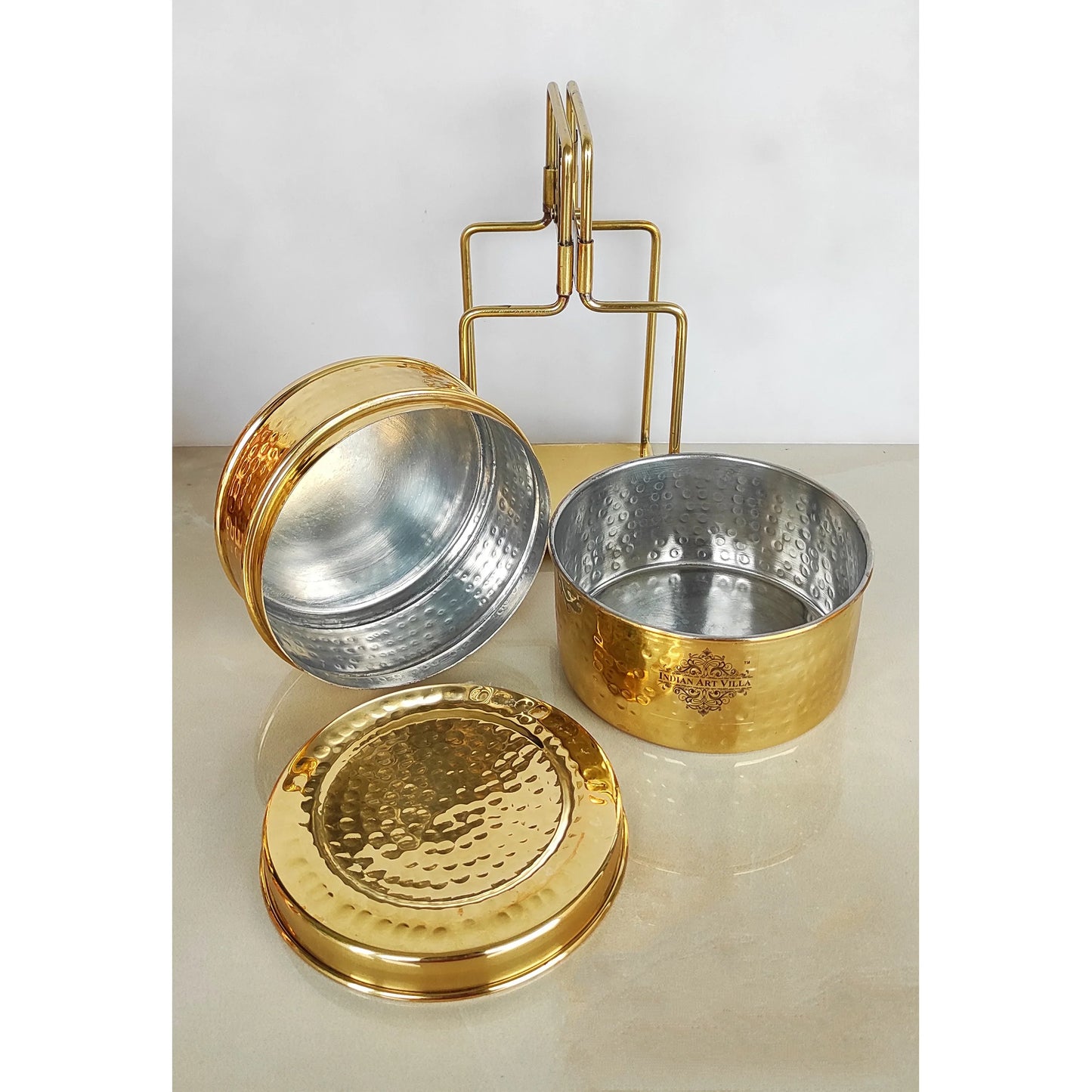 Pure Brass With Inside Tin Lining 2 &  3 Containers Lunch/Tiffin Box With Hammered Design, For Office, School & Travelling