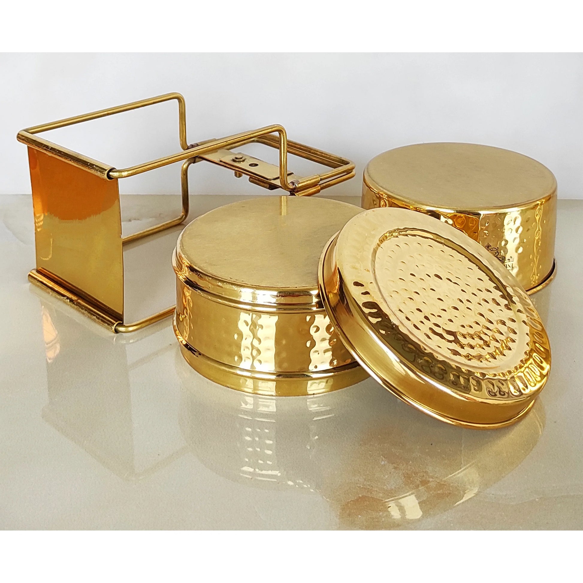Pure Brass With Inside Tin Lining 2 &  3 Containers Lunch/Tiffin Box With Hammered Design, For Office, School & Travelling