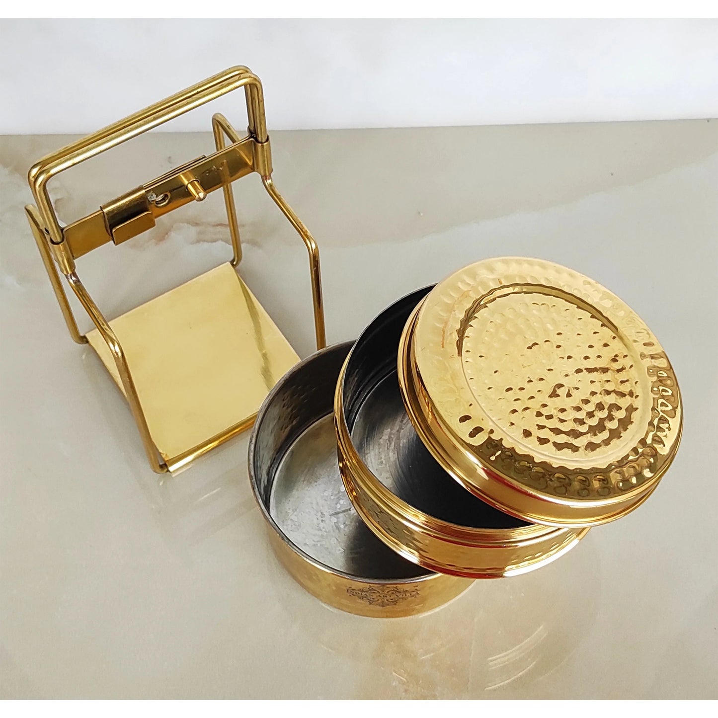 Pure Brass With Inside Tin Lining 2 &  3 Containers Lunch/Tiffin Box With Hammered Design, For Office, School & Travelling