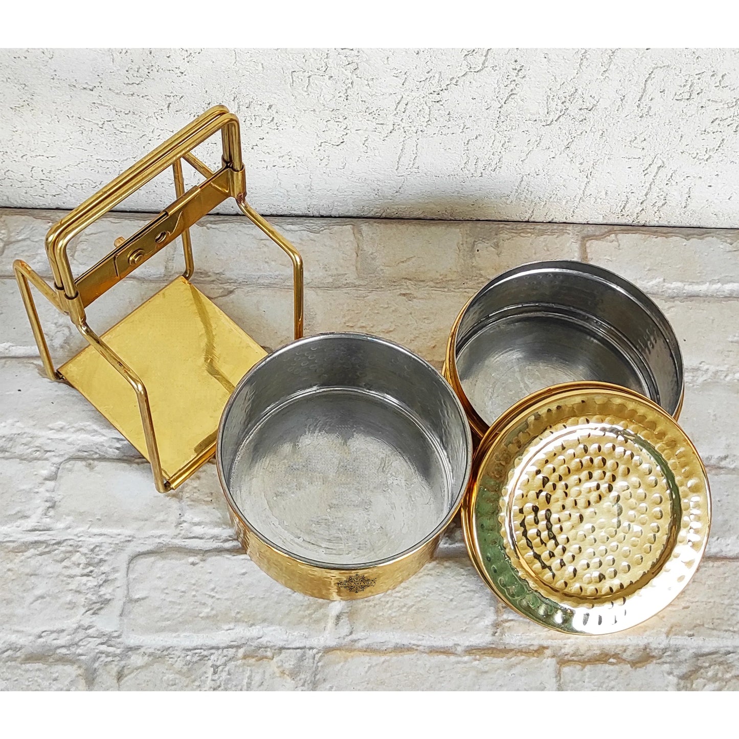 Pure Brass With Inside Tin Lining 2 &  3 Containers Lunch/Tiffin Box With Hammered Design, For Office, School & Travelling