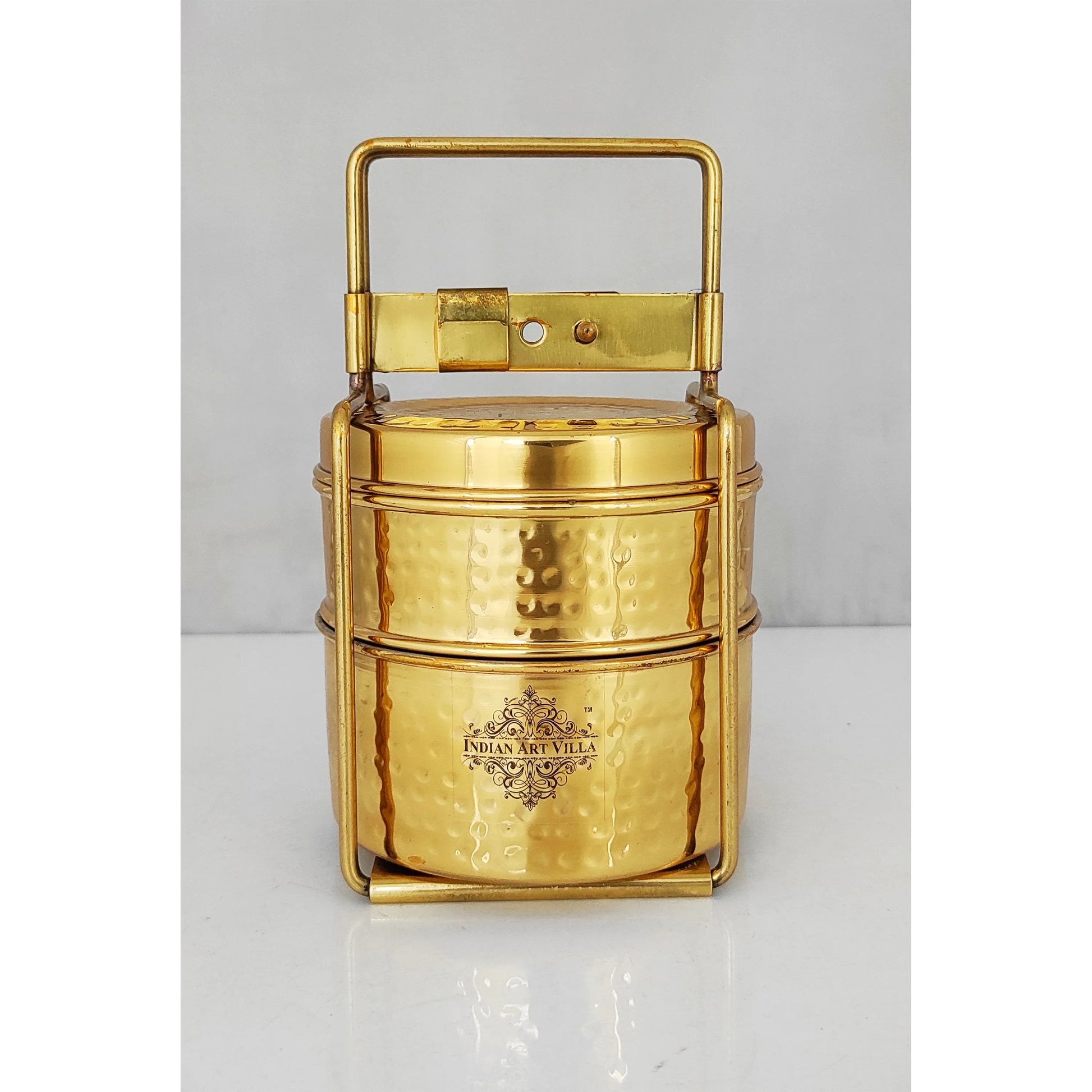 Pure Brass With Inside Tin Lining 2 &  3 Containers Lunch/Tiffin Box With Hammered Design, For Office, School & Travelling
